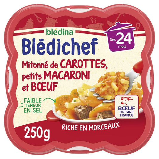 Plat Bébé Dès 24 Mois Carottes Petits Macaronis et Bœuf Blédichef BLEDINA l'assiette de 250g
