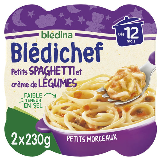 Plat Bébé du Soir Dès 12 Mois Spaghetti et Crème de Légumes Blédichef BLEDINA les 2 assiettes de 230g