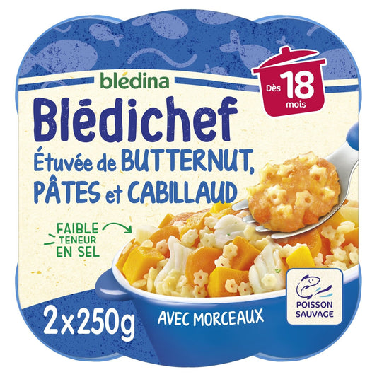 Plat Bébé Dès 18 Mois Etuvée de Butternut Pâtes et Cabillaud Blédichef BLEDINA les 2 assiettes de 250g