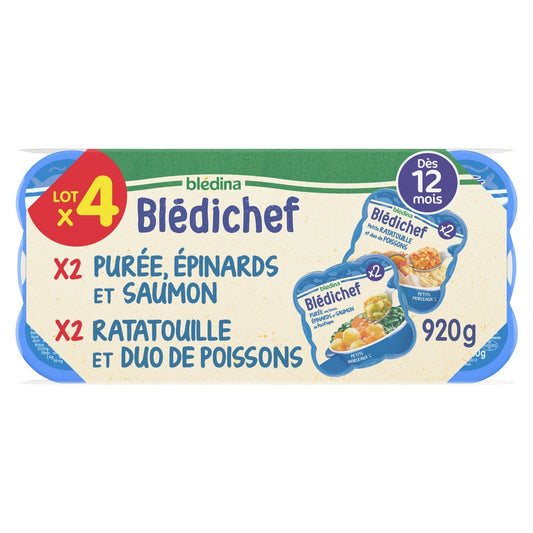 Plat Bébé Dès 12 Mois Purée Épinards Saumon et Ratatouille Duo de Poissons Blédichef BLEDINA les 4 assiettes de 230g
