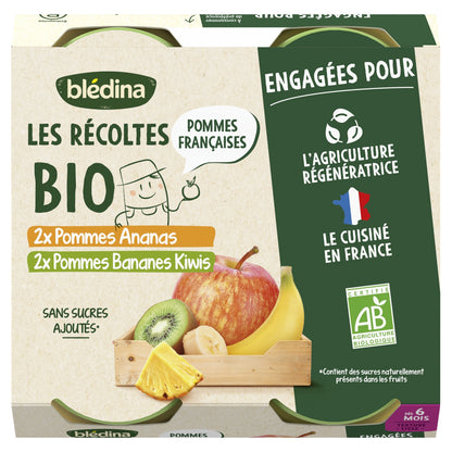 Baby Compote From 6 Months Apples Pineapple and Apples Bananas Kiwis Les Récoltes Bio BLEDINA