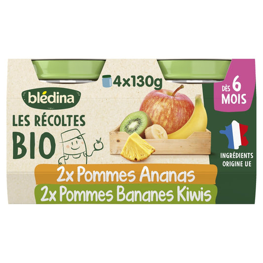 Baby Compote From 6 Months Apples Pineapple and Apples Bananas Kiwis Les Récoltes Bio BLEDINA