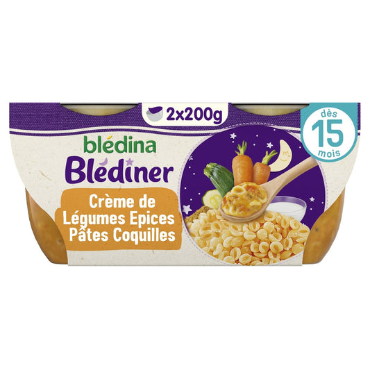 Plat Bébé du Soir Dès 15 Mois Crème de Légumes Epices et Pâtes Coquille Blédiner BLEDINA les 2 bols de 200g