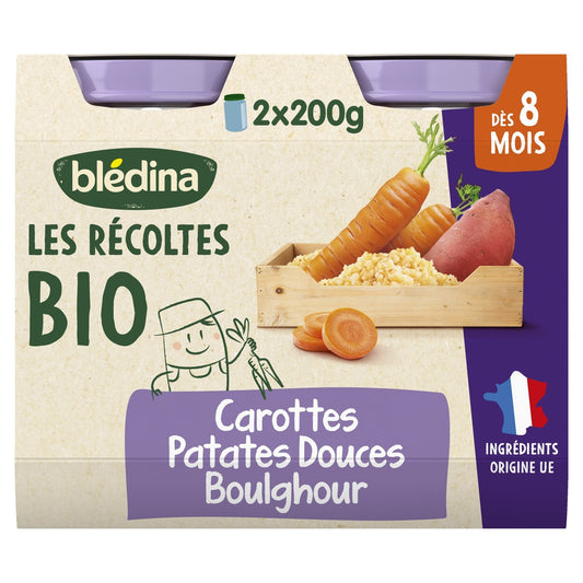 Plat Bébé du Soir Dès 8 Mois Carottes Patates Douces Boulghour les Récoltes Bio BLEDINA les 2 pots de 200g
