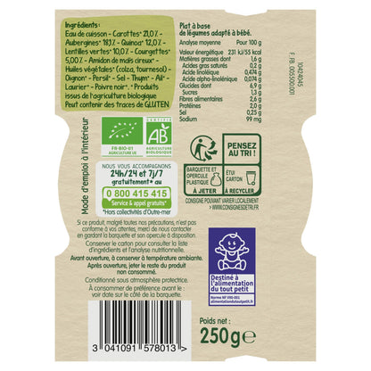 Baby Meal From 15 Months Duo of Carrot, Eggplant, Lentil and Quinoa Les Récoltes Bio BLEDINA