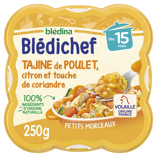 Plat Bébé Dès 15 Mois Tagine de Poulet Citron et Touche de Coriandre Blédichef BLEDINA l'assiette de 250g