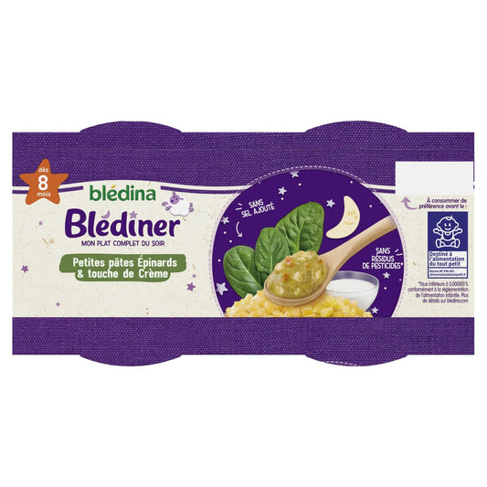 Plat Bébé du Soir Dès 8 Mois Petites Pâtes Épinards Crème Blédiner BLEDINA