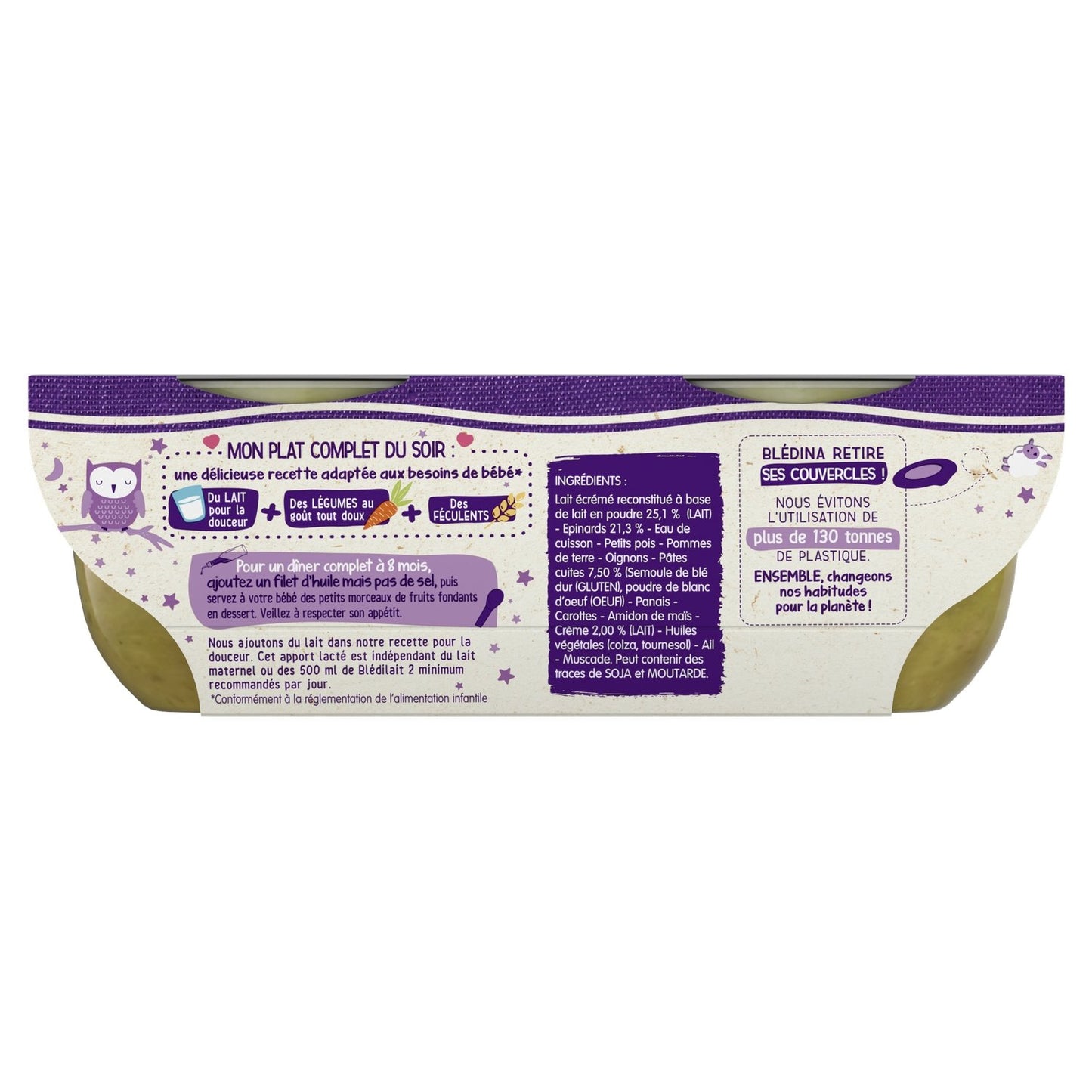 Plat Bébé du Soir Dès 8 Mois Petites Pâtes Épinards Crème Blédiner BLEDINA