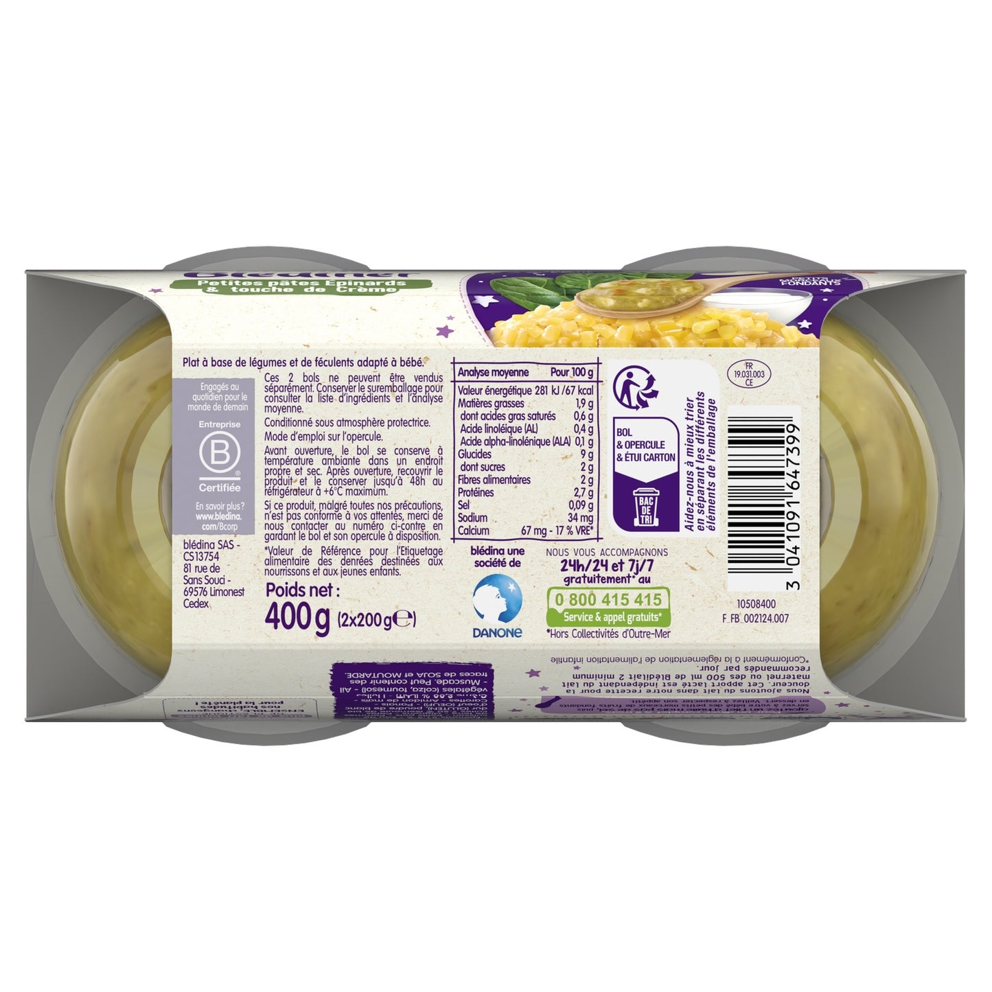 Plat Bébé du Soir Dès 8 Mois Petites Pâtes Épinards Crème Blédiner BLEDINA