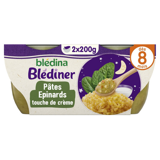 Plat Bébé du Soir Dès 8 Mois Petites Pâtes Épinards Crème Blédiner BLEDINA les 2 bols de 200g