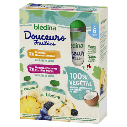 Compote Bébé Végétale Dès 6 Mois Pommes Bananes Ananas Lait de Coco et Pommes Bananes Myrtilles Mûres Lait de Coco BLEDINA