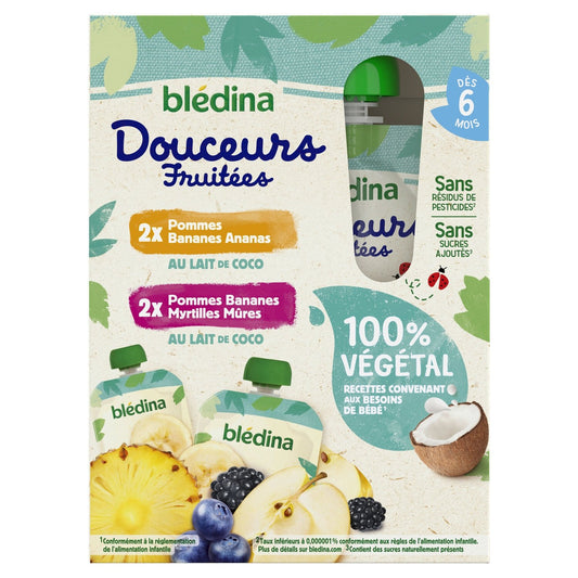 Compote Bébé Végétale Dès 6 Mois Pommes Bananes Ananas Lait de Coco et Pommes Bananes Myrtilles Mûres Lait de Coco BLEDINA les 4 gourdes de 90g