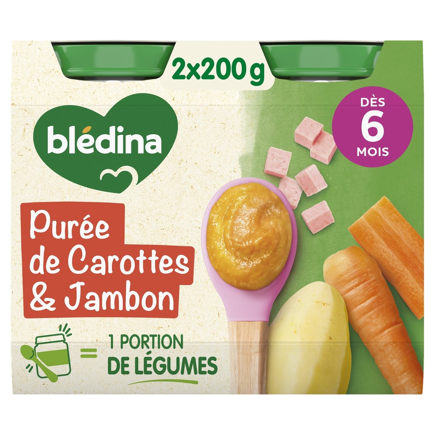 Plat Bébé Dès 6 Mois Purée de Carottes Jambon BLEDINA les 2 pots de 200g