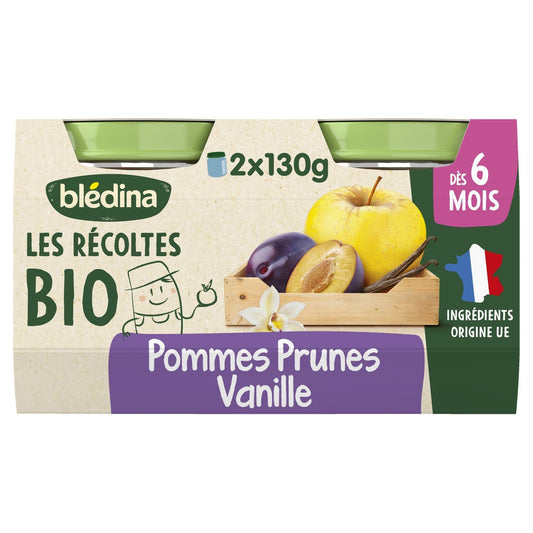 Compote Bébé Dès 6 Mois Pommes Prunes Vanille les Récoltes Bio BLEDINA les 2 pots de 130g