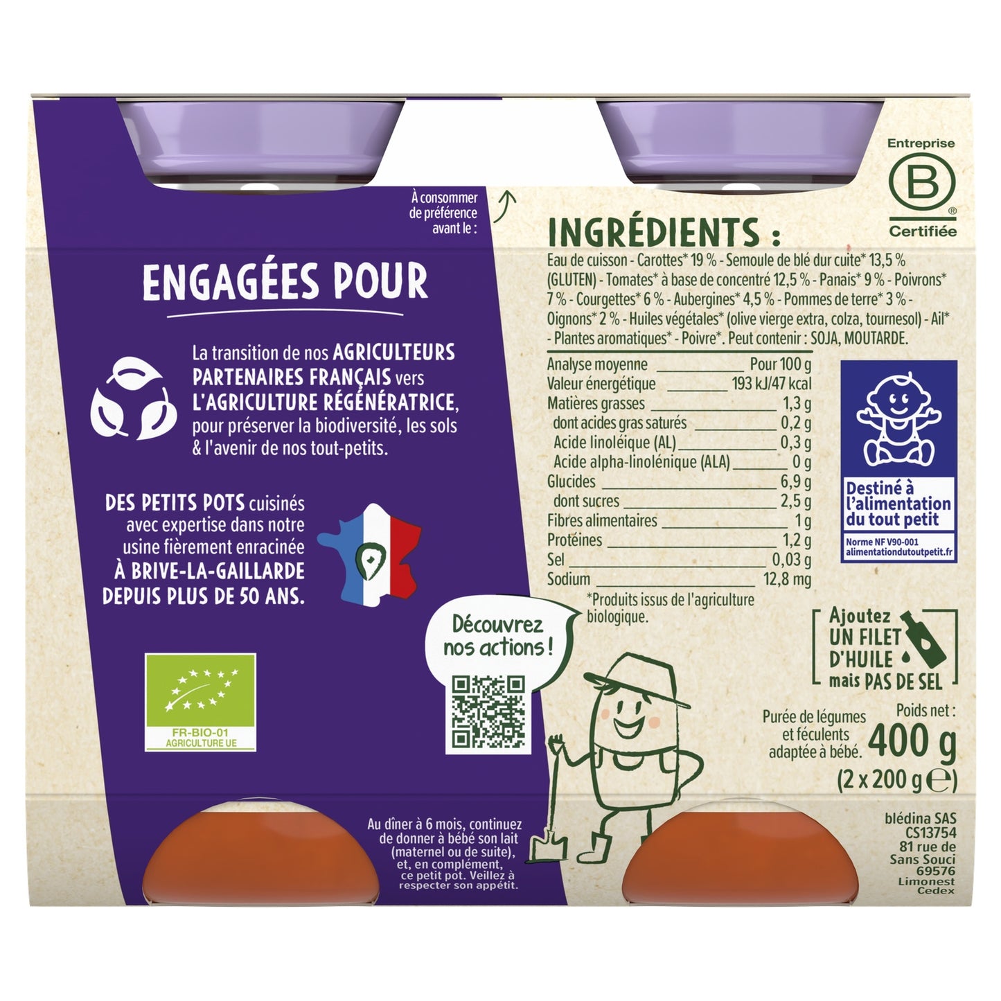 Abendgericht für Babys ab 6 Monaten Kleiner Ratatouille-Grieß Les Récoltes Bio BLEDINA
