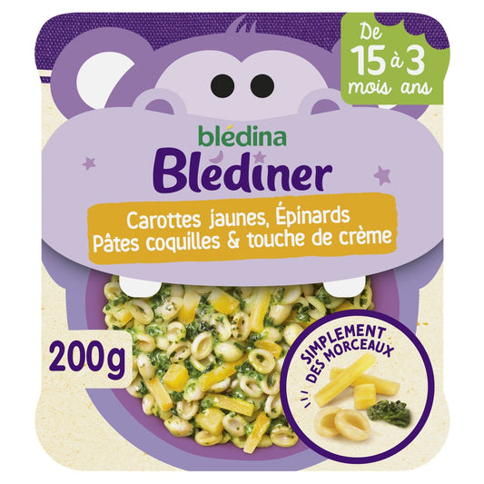 Baby Evening Meal From 15 Months Carrots Spinach Pasta and Cream Blédiner BLEDINA