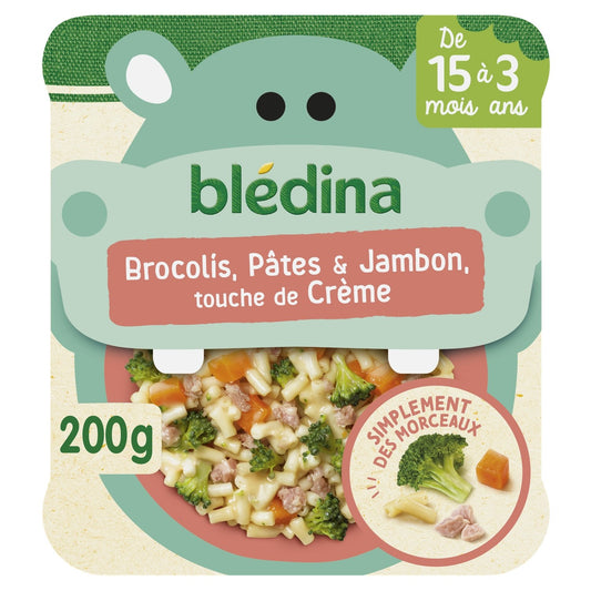 Plat Bébé Dès 15 Mois Brocolis Pâtes Jambon et Crème Morceaux à Dévorer BLEDINA l'assiette de 200g