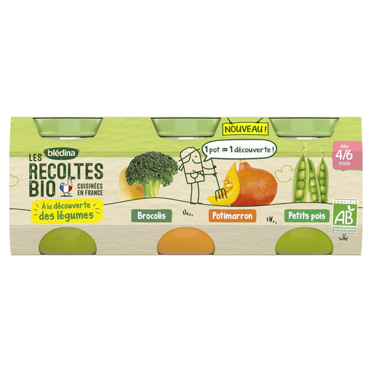 Plat Bébé Dès 4 à 6 Mois Brocolis Potimarron Petits Pois les Récoltes Bio BLEDINA les 3 pots de 130g