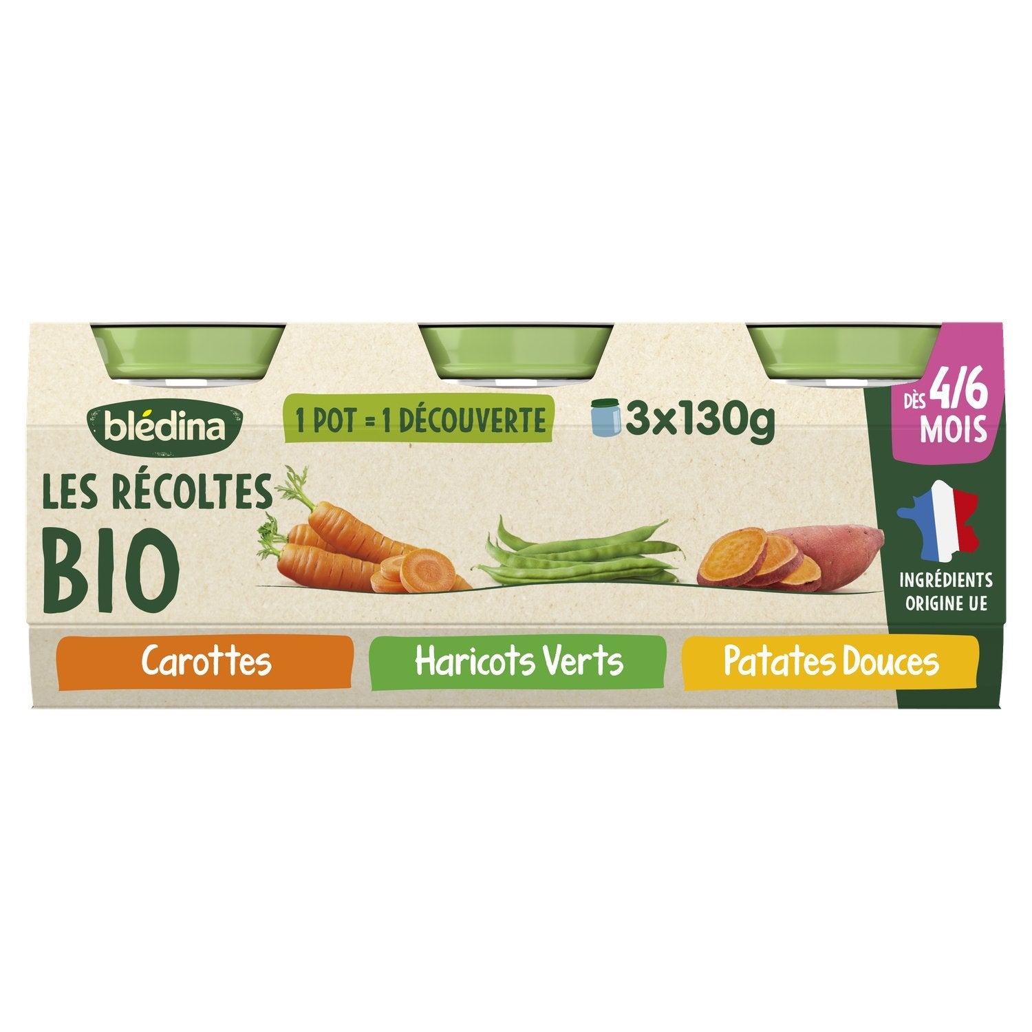 Plat Bébé Dès 4 à 6 Mois Carottes Haricot Vert et Patate Douce les Récoltes Bio BLEDINA les 3 pots de 130g