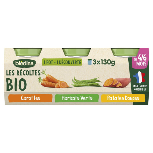Plat Bébé Dès 4 à 6 Mois Carottes Haricot Vert et Patate Douce les Récoltes Bio BLEDINA les 3 pots de 130g