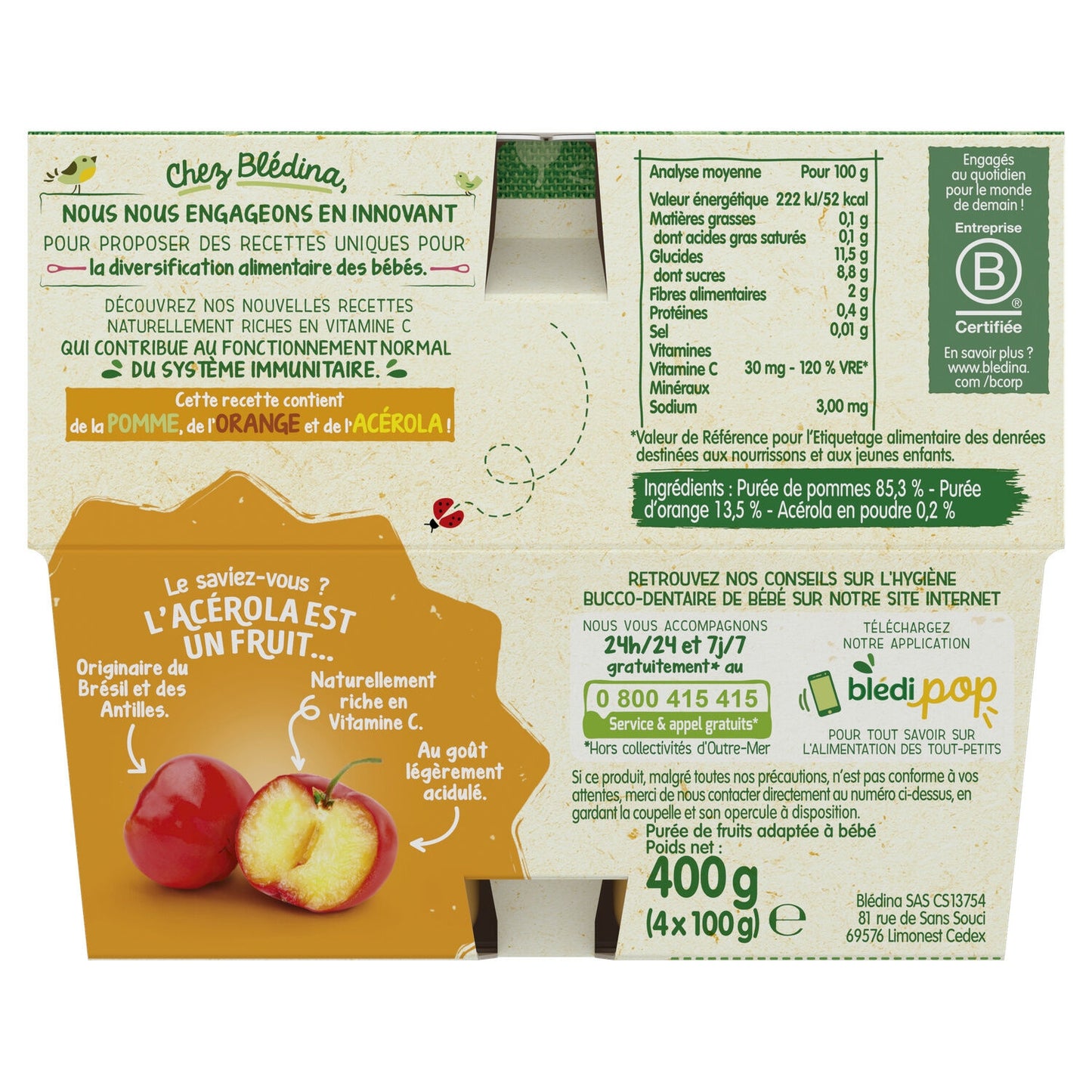 Baby Fruit Puree From 6 Months Apple Orange Acerola BLEDINA