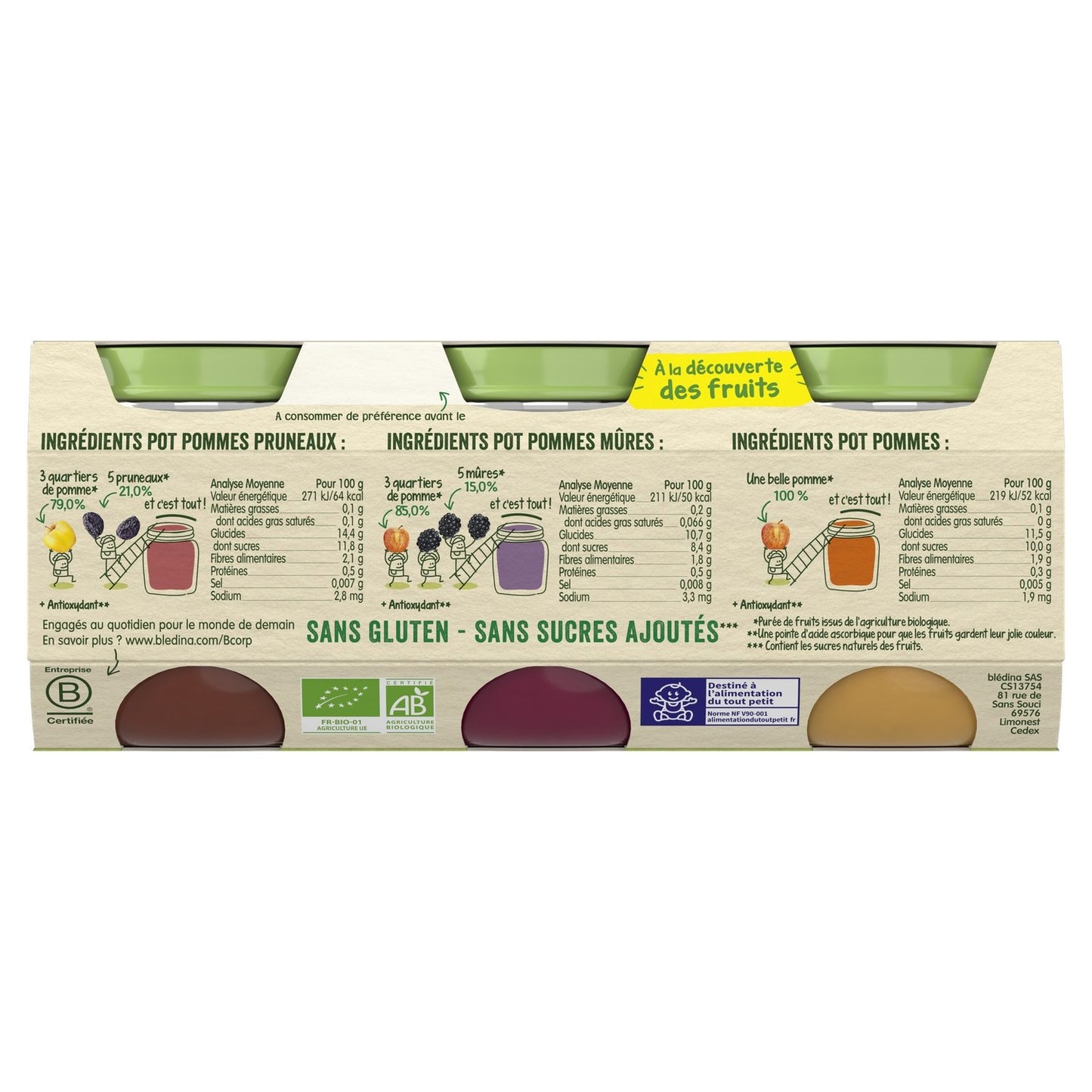 Baby Food Pot Compotes From 4-6 Months Apples Blackberries Prunes Les Récoltes Bio BLEDINA