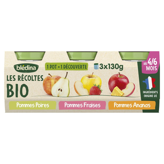 Compotes Petit Pot Bébé Dés 4-6 Mois Pommes Poires Fraises Ananas les Récoltes Bio BLEDINA les 3 pots de 130g