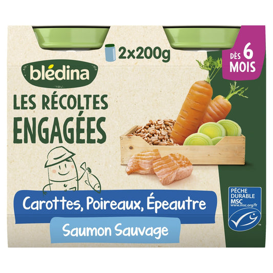 Plat Bébé Dès 6 Mois Carottes Poireaux Épeautre Saumon les Récoltes Engagées BLEDINA les 2 pots de 200g
