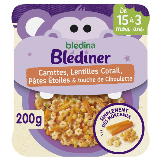 Plat Bébé du Soir Dès 15 Mois Carottes Lentilles Corail Pâtes Étoiles et Ciboulette Morceaux à Dévorer BLEDINA la barquette de 200g