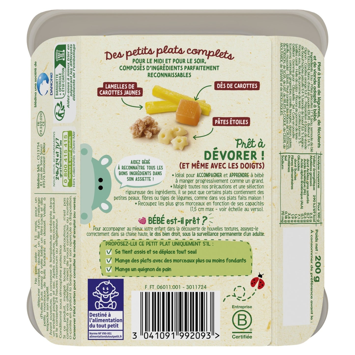 Plat Bébé Dès 15 Mois Duo de Carottes Butternut Pâtes Étoiles et Bœuf Morceaux à Dévorer BLEDINA