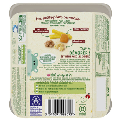 Plat Bébé Dès 15 Mois Duo de Carottes Butternut Pâtes Étoiles et Bœuf Morceaux à Dévorer BLEDINA