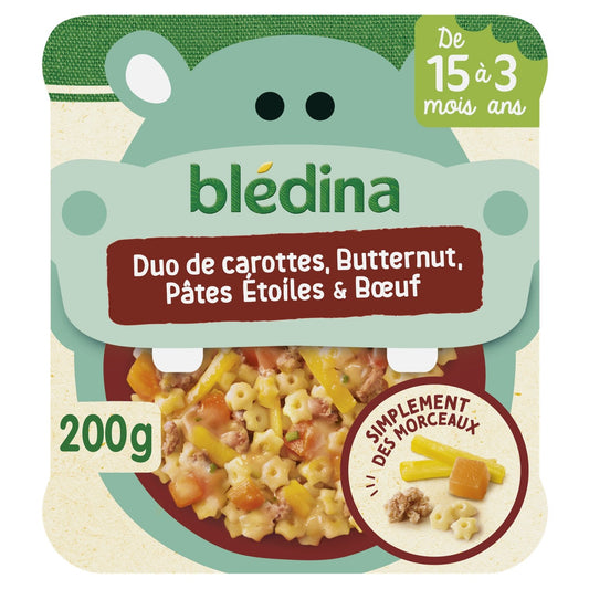 Plat Bébé Dès 15 Mois Duo de Carottes Butternut Pâtes Étoiles et Bœuf Morceaux à Dévorer BLEDINA le pot de 200g