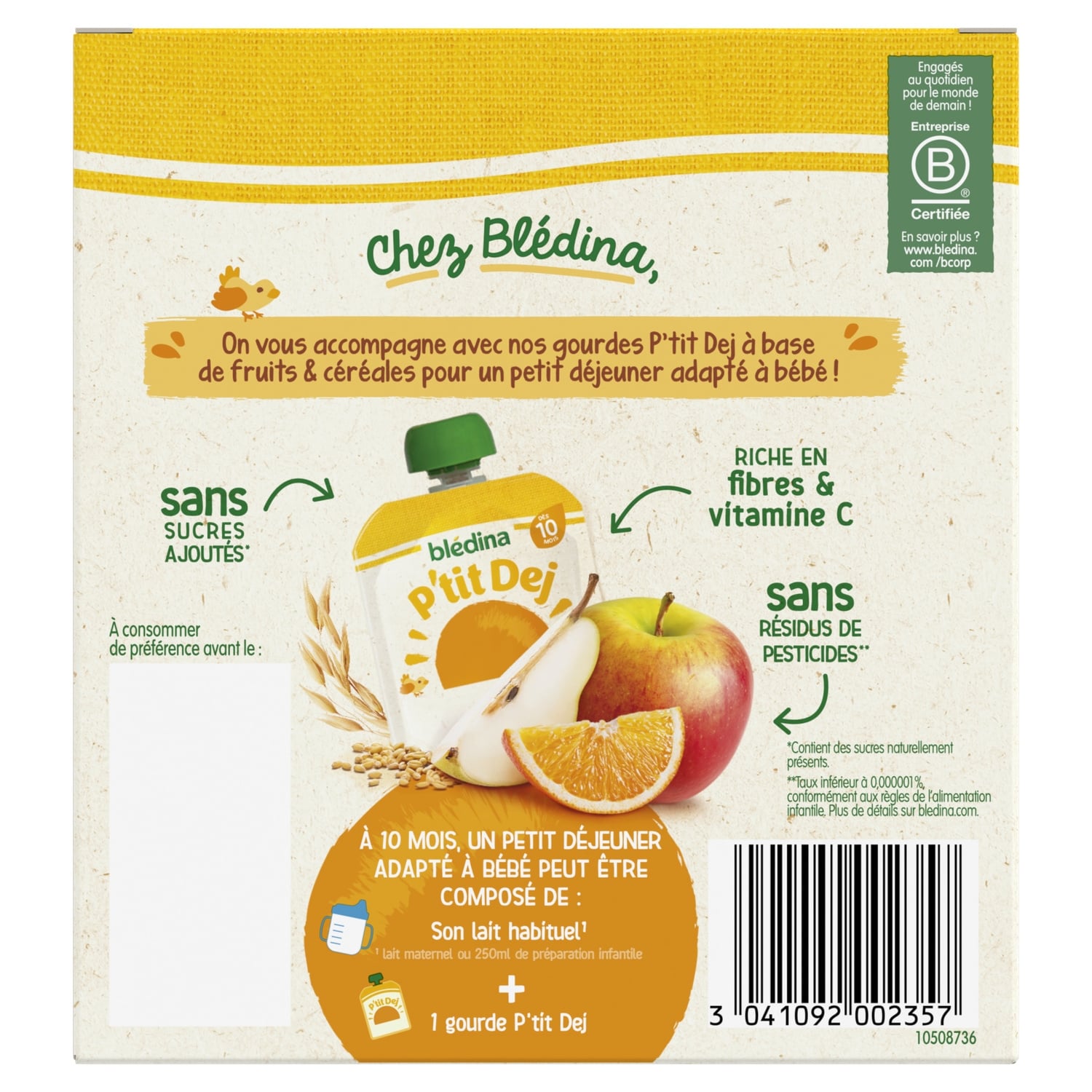 Compote bébé dès 10 mois Pomme Poire Orange Avoine Blé P'tit Dej BLEDINA 
