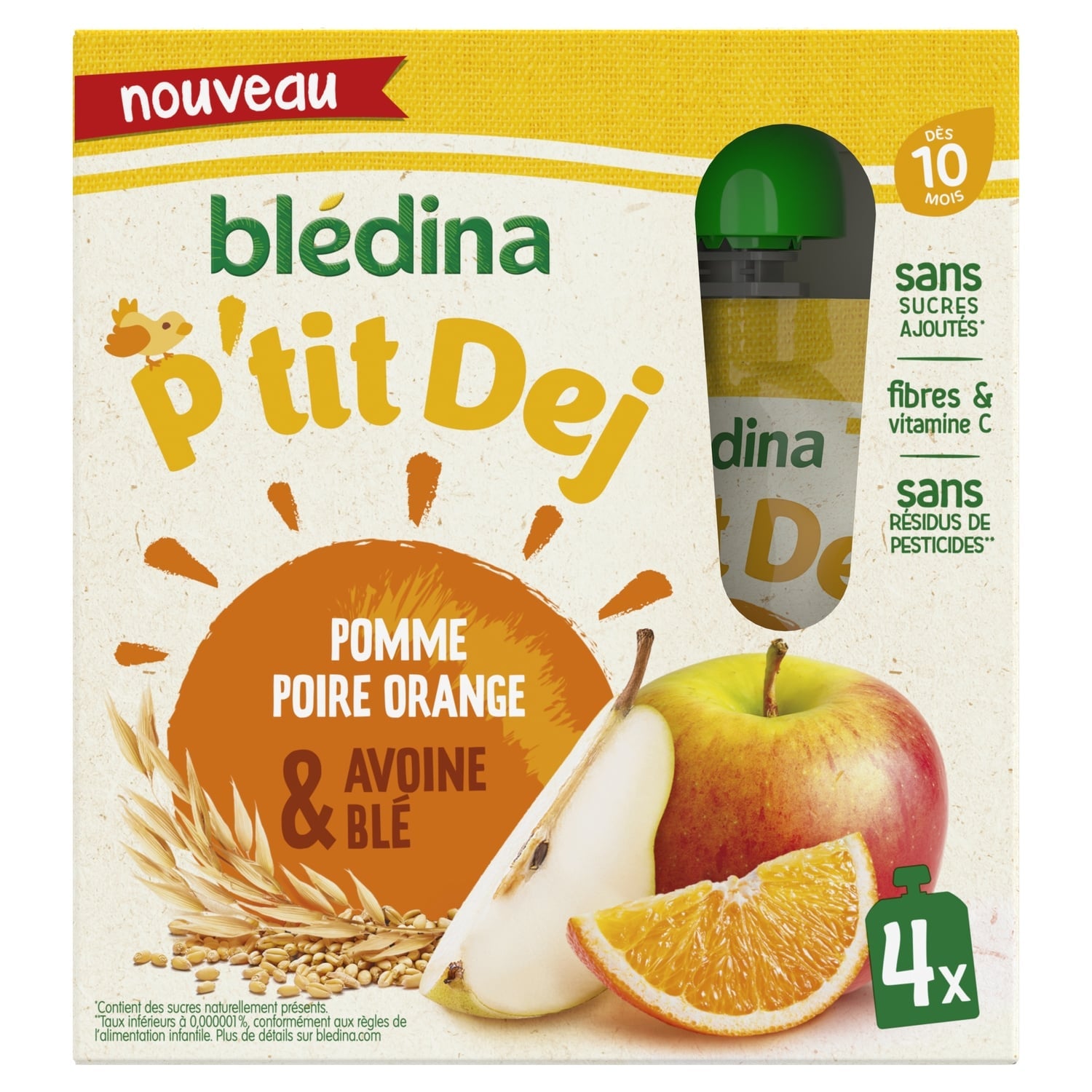 Compote bébé dès 10 mois Pomme Poire Orange Avoine Blé P'tit Dej BLEDINA 