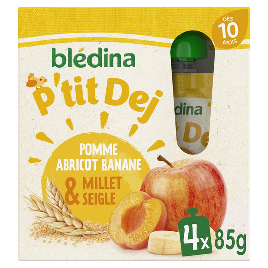 Compote Bébé Dès 10 Mois Pomme Abricot Banane et Millet Seigle BLEDINA les 4 gourdes de 85g