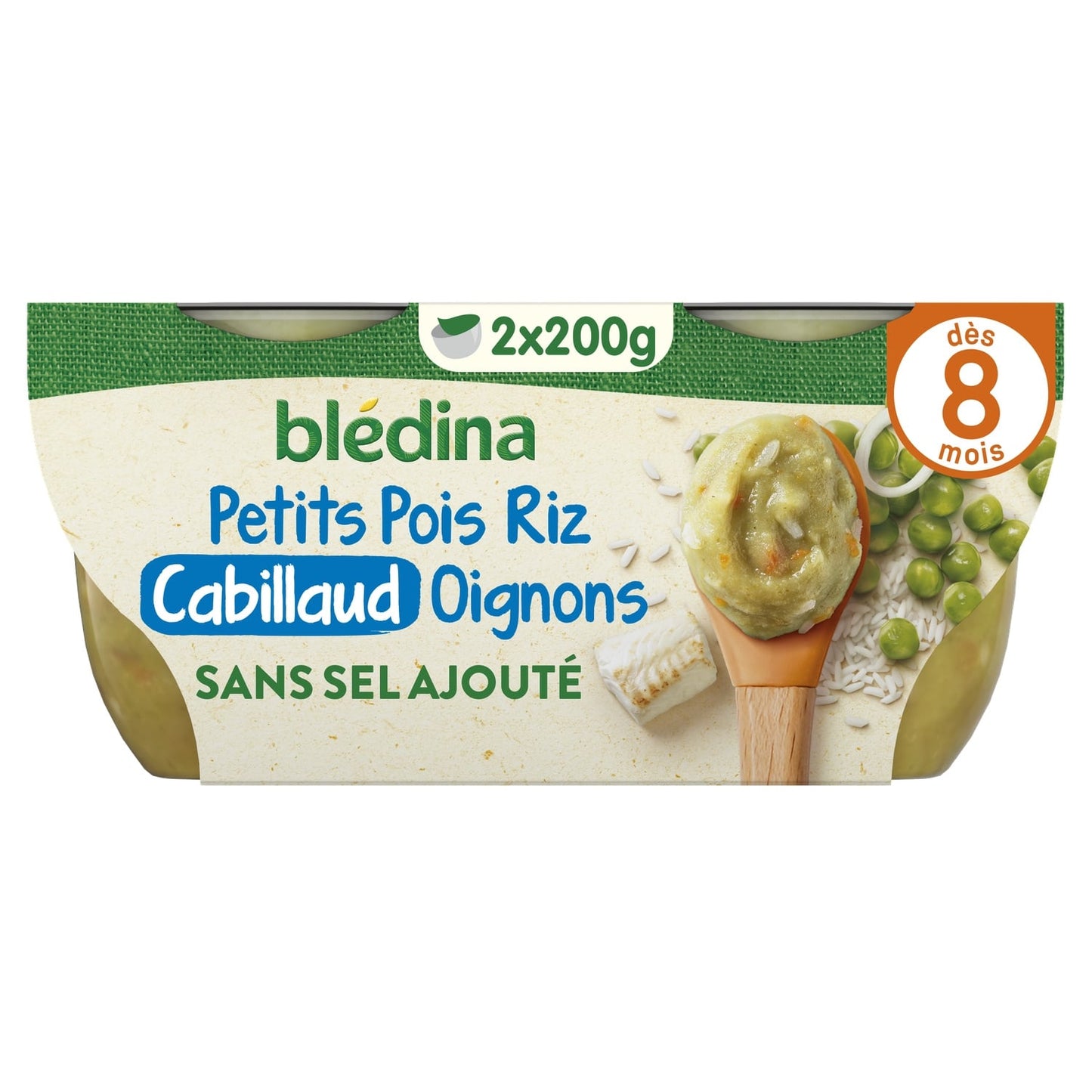Plat bébé dès 8 mois Petits pois Riz Cabillaud et Petits oignons BLEDINA 