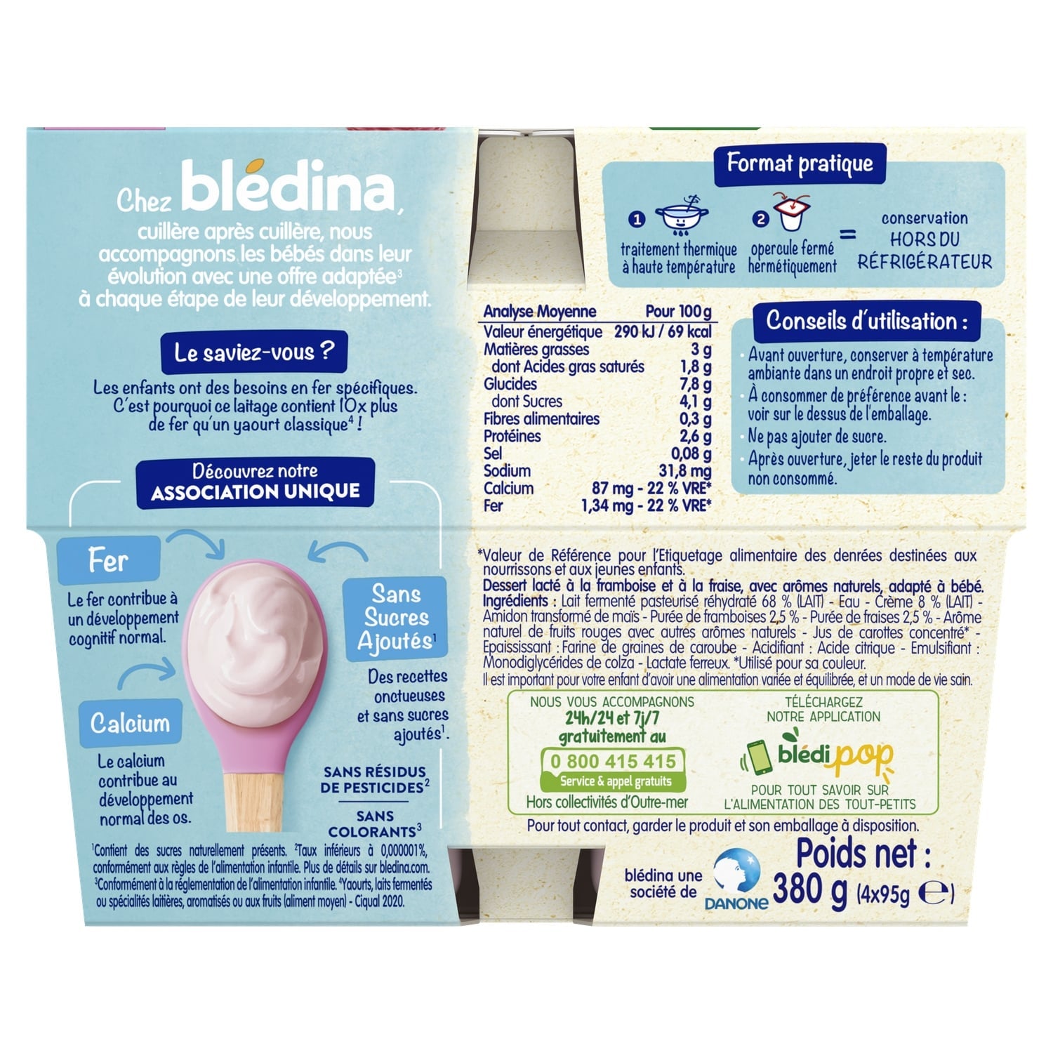 Dessert lacté bébé dès 6 mois Framboise Fraise Brassés BLEDINA 