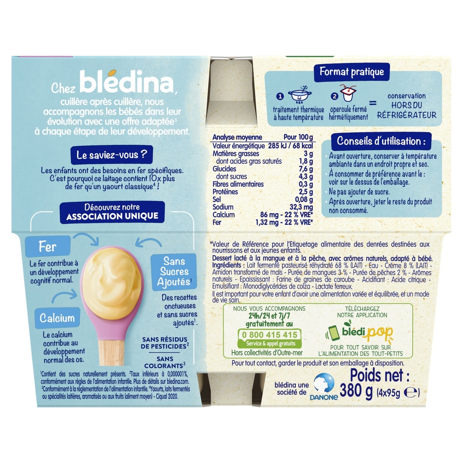 Dessert lacté bébé dès 6 mois Mangue Pêche Brassés BLEDINA 