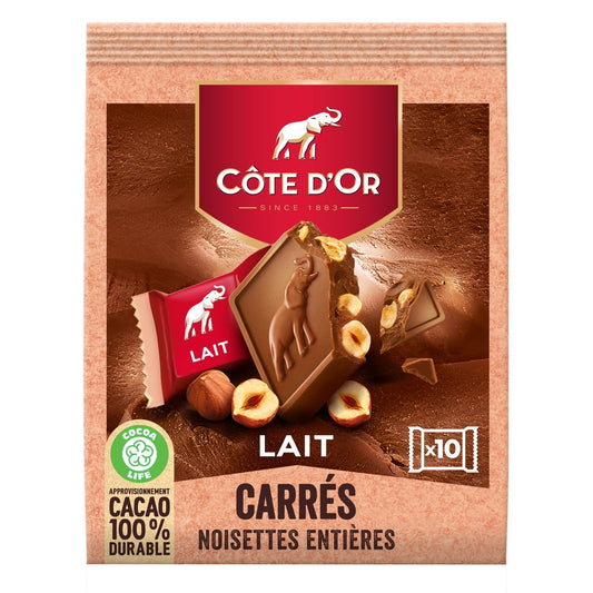 Carrés Chocolats Lait Noisettes Entières COTE D'OR Le paquet de 10 carrés - 200 g