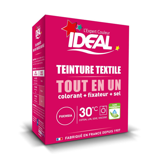 Teinture Textile Tout en Un  Colorant + Fixateur + Sel Fushia IDEAL la boite de 230g