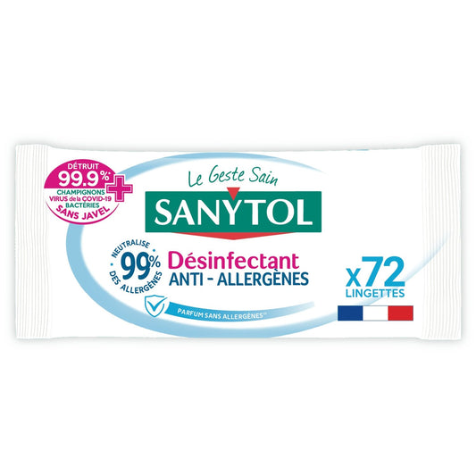 Lingettes Désinfectantes Anti-Allergènes SANYTOL le paquet de 72 lingettes