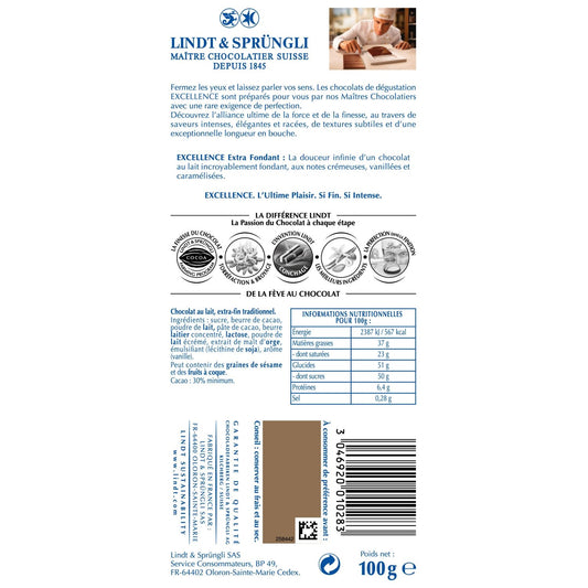 LINDT Excellence Milk Chocolate Bar