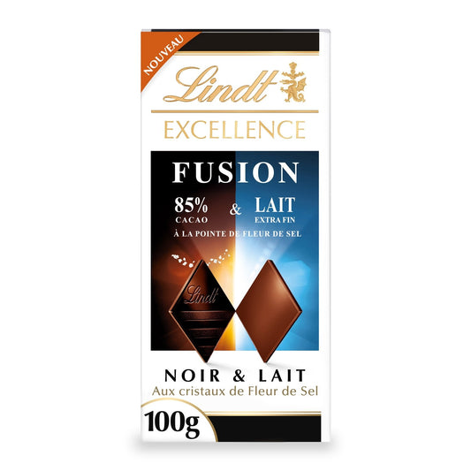 Tablette de Chocolat Excellence Fusion Noir 85% Fleur de Sel et Lait LINDT la tablette de 100g