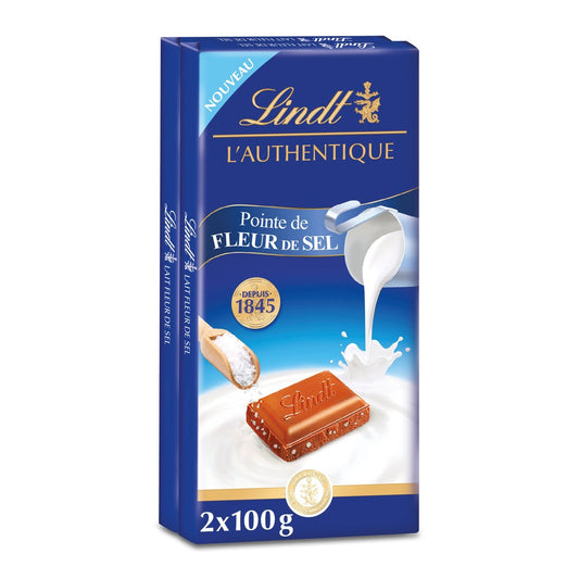 Tablette de Chocolat Lait Fleur de Sel LINDT L'AUTHENTIQUE Lot de 2 Tablettes 100g