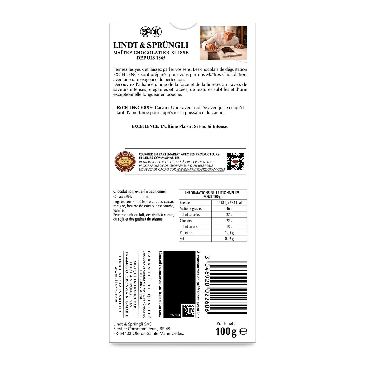 Tablette de Chocolat Noir Puissant 85% Excellence LINDT