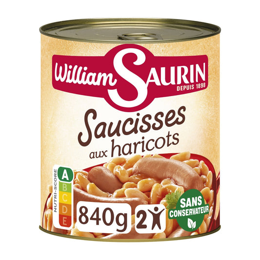 Plat Familial Saucisses aux Haricots WILLIAM SAURIN la boite de 840g