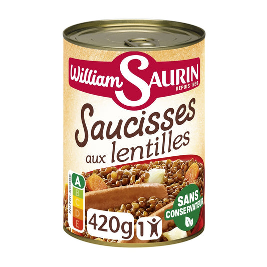 Plat Individuel Saucisses aux Lentilles WILLIAM SAURIN la boite de 420g