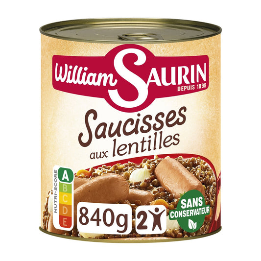 Plat Familial Saucisses aux Lentilles WILLIAM SAURIN la boite de 840g