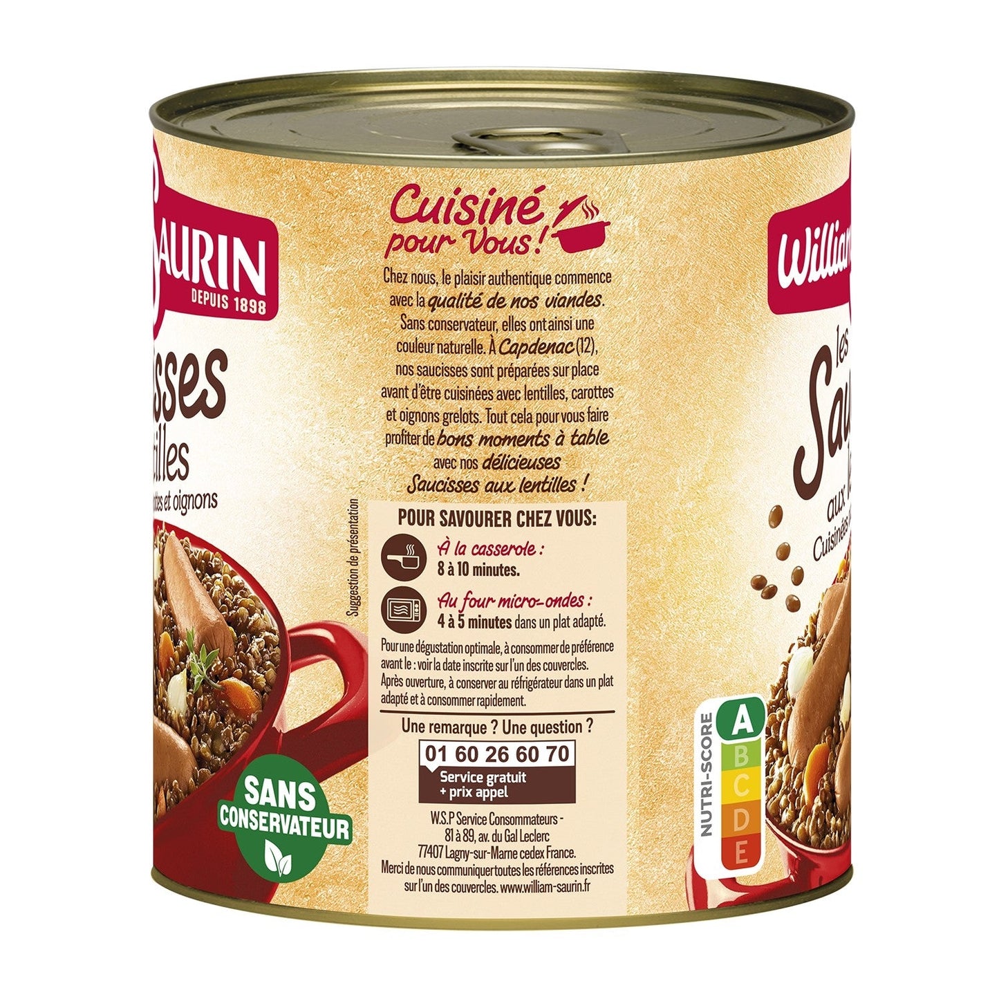 [ANTI-GASPILLAGE] Plat Familial Saucisses aux Lentilles WILLIAM SAURIN - Date de durabilité minimale : 01/05/2025