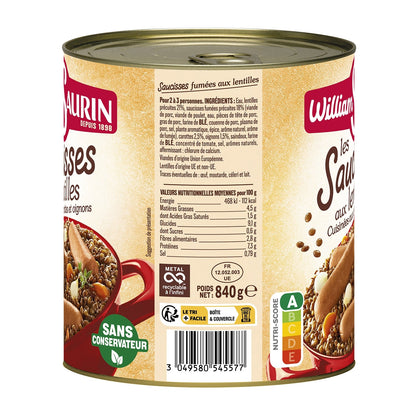 [ANTI-GASPILLAGE] Plat Familial Saucisses aux Lentilles WILLIAM SAURIN - Date de durabilité minimale : 01/05/2025